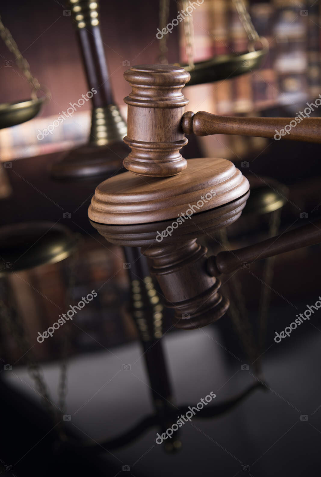 law theme, mallet of the judge, justice scale, mirror reflection