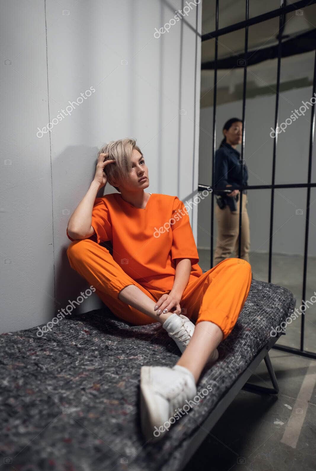girl convicted drug dealer in an orange jumpsuit in his cell on a prison bunk