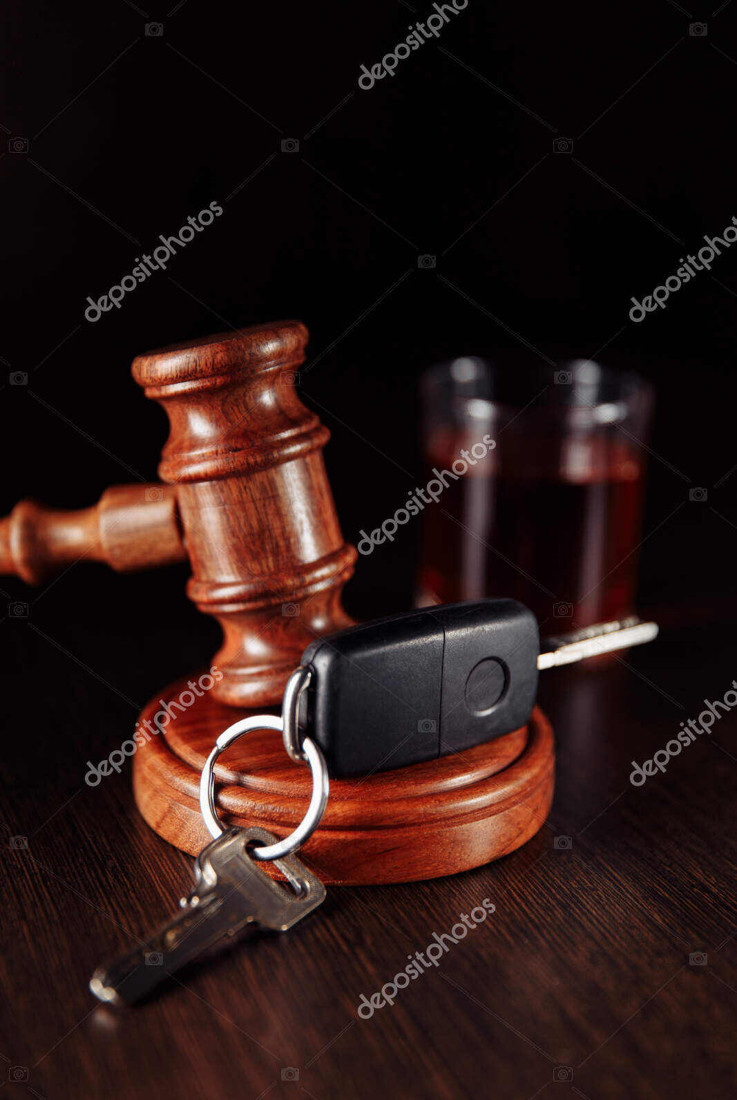 car key, wooden judge gavel and bottle of alcohol with glass close up. drink driving concept. vertical image