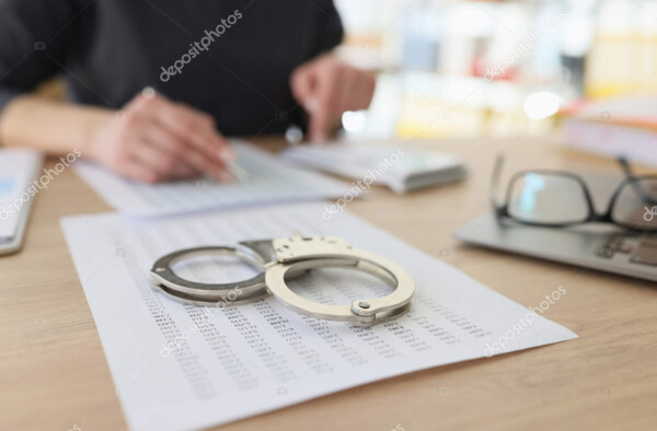 handcuffs on investigation paper while worker making counts